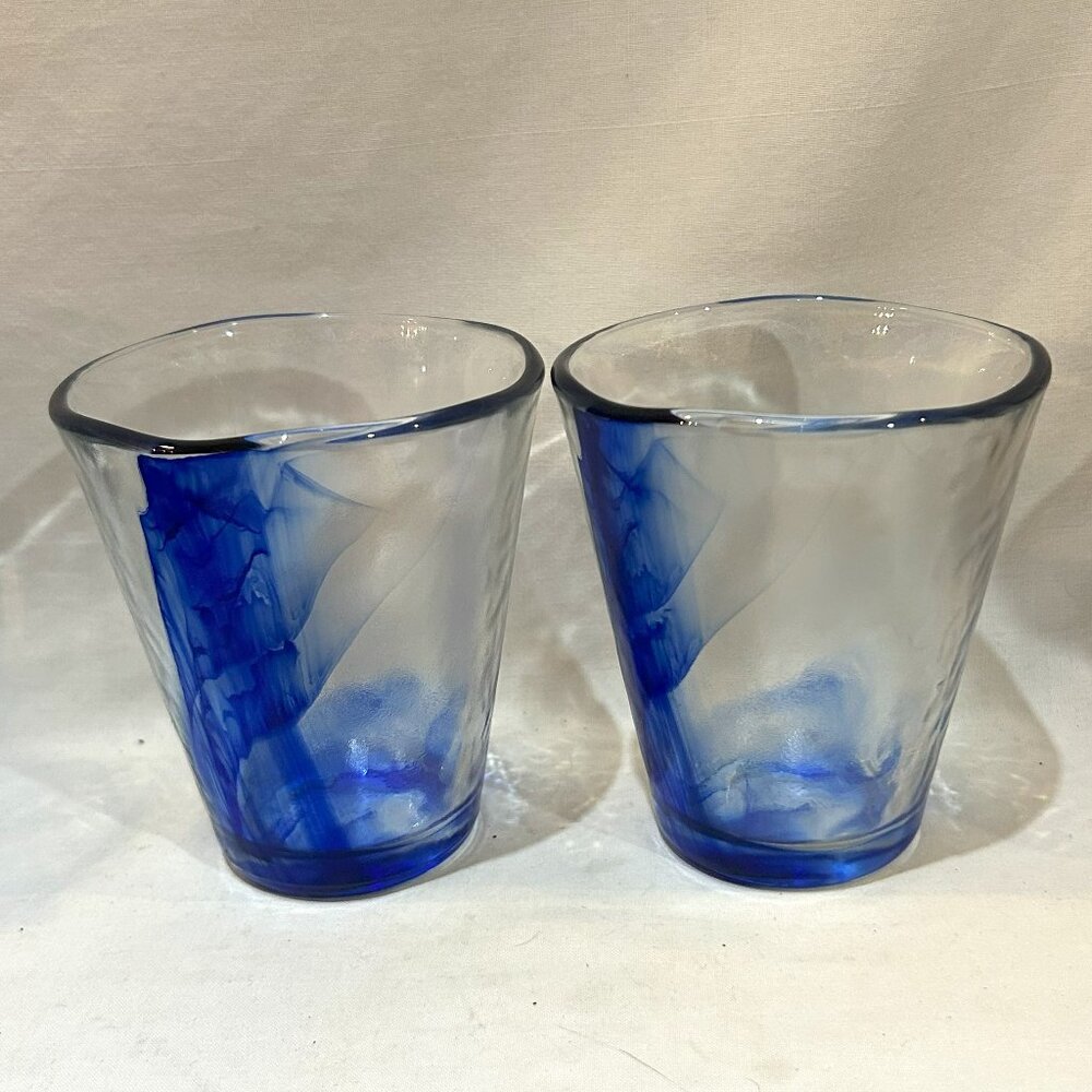 Pair Bormioli Rocco Murano 14oz Beverage Drinking glasses Clear Cobalt Blue